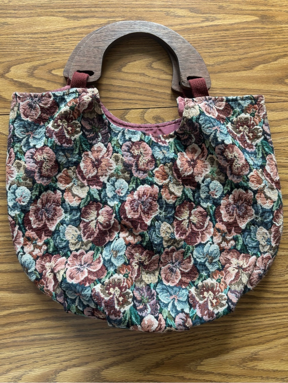Vintage Floral Tapestry Handbag with Wooden Handles
